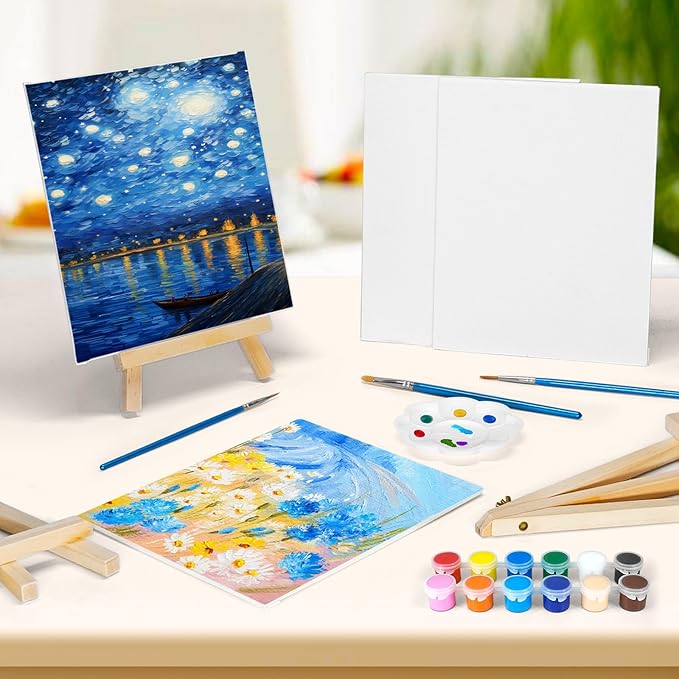 2 Pack 8 * 10In Canvas Boards for Painting, Art Canvas for Drawing with 4 Brushes & 2Paint Trays & 4 Acrylic Paint, Mini Painting Canvas with Easel Set, Painting Kits for Adults & Kids Party