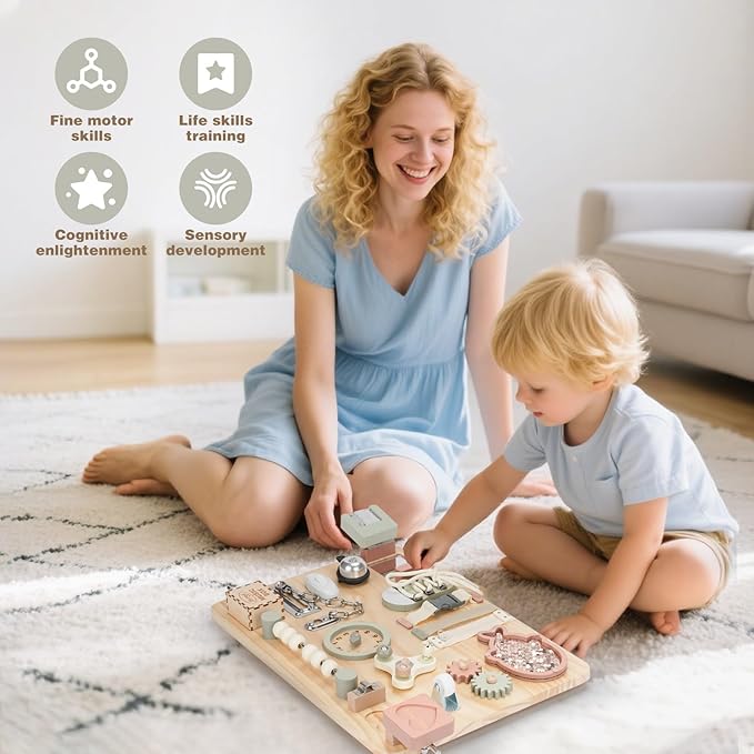 Joyreal Montessori Large Busy Board with Stand, Montessori Sensory Toys for Fine Motor Skills, Wooden Fidget Activity Board for Toddlers, Gifts for Boys Girls (Large Neutral)