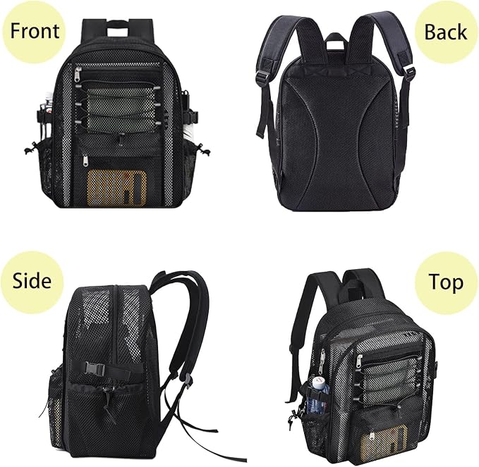 Mesh Backpack Heavy Duty for School, 23L Mesh Bookbag for Adults, See Through Black Mesh School Bag with Laptop Pocket for Work Swimming Beach Fitness Sport