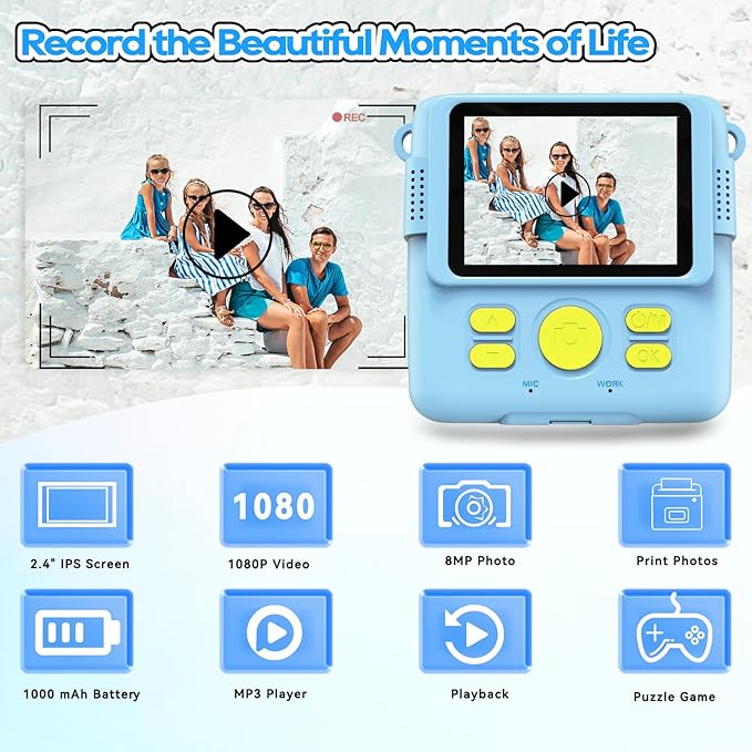 Instant Print Camera for Kids with 3 Rolls of Printer Paper, 1080P Toddler Digital Camera Toys for Age 3-12 with 32GB SD Card, Christmas & Birthday Gifts for 3 4 5 6 7 8 Year Old Girls & Boys (Blue)