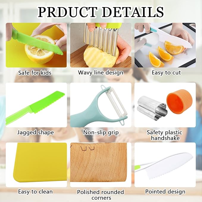 RISICULIS 11 Pieces Wooden Kids Kitchen Knife, Kids Kitchen Set Include Wood Knife, Serrated Edges Plastic Toddler Knife, Crinkle Cutter, Sandwich Cutter, Y Peeler, Cutting Board