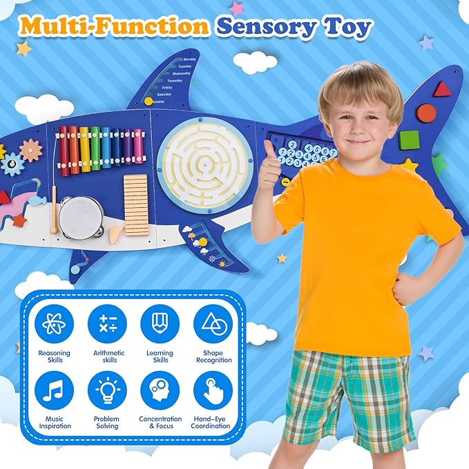 Weihnacht Shark Wall Busy Board Panels,11-in-1 Montessori Sensory Toys, Toddler Learning Activity Center,Montessori Philosophy Sensory, Educational Toys, Conducive to All-Round Development