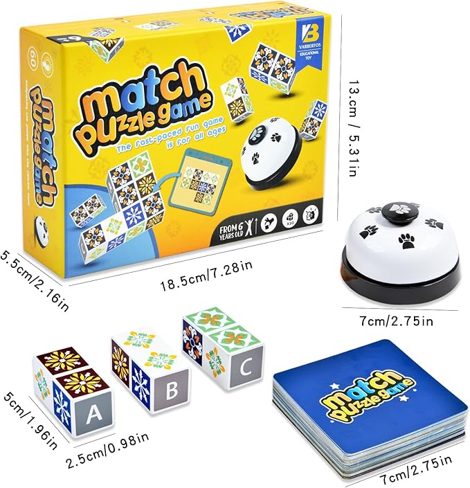 Wooden Matching Game Puzzle Games, Pattern Block Match Puzzles Building Cubes with Bell for Kids and Adults Toys Board Games for Family Night