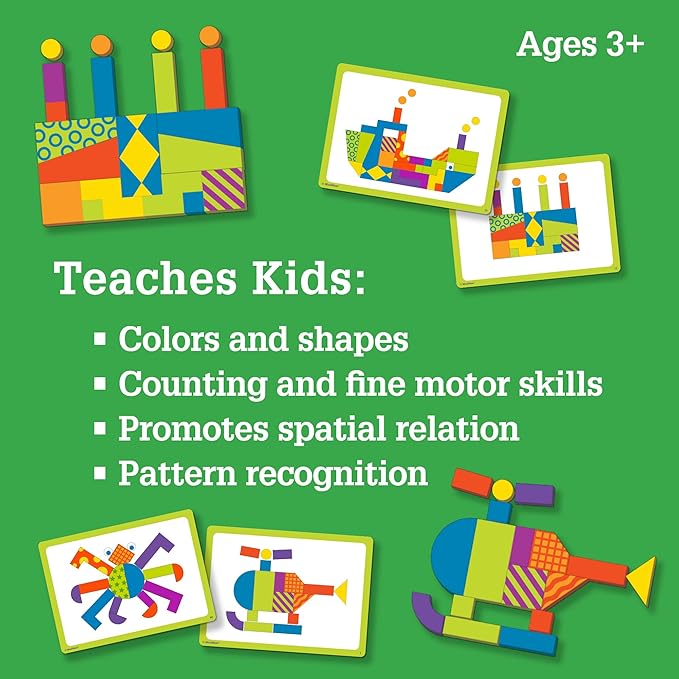 MindWare Imagination Patterns - Creative, Magnetic Play with Patterned Tangram Shapes - Includes 60 Magnetic Blocks, 60 Puzzle Cards, Dry Erase Markers & Wood Case - Deluxe