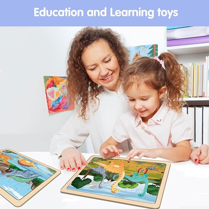 Puzzles for Kids Ages 4-6, 4 Pack Wooden Jigsaw Puzzles with 24 Pieces Each, Dinosaur Puzzle Preschool Educational Learning Toys Set for Boys and Girls