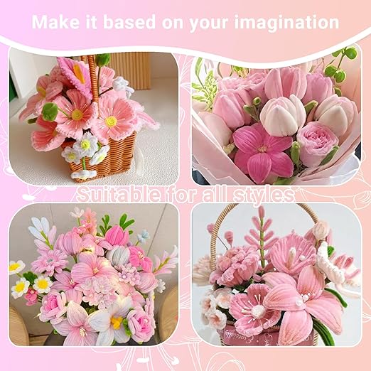 400 Pcs Pipe Cleaners Craft Kit and Craft Supplies Set, 4 Colors Chenille Stems Craft Kits. Includes Floral Tape, Wire, Stems and More, DIY Arts and Crafts Supplies for Flower Making (Pink)
