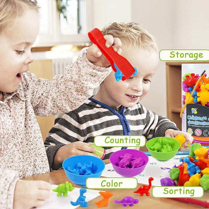 TSYAN Counting Toys Matching Game for Kids with Sorting Bowls Sensory Toys Color Classification Game Set Early Learning Toddler Preschool Montessori Educational Toys for 3 4 5 Years Old-Dinosaurs