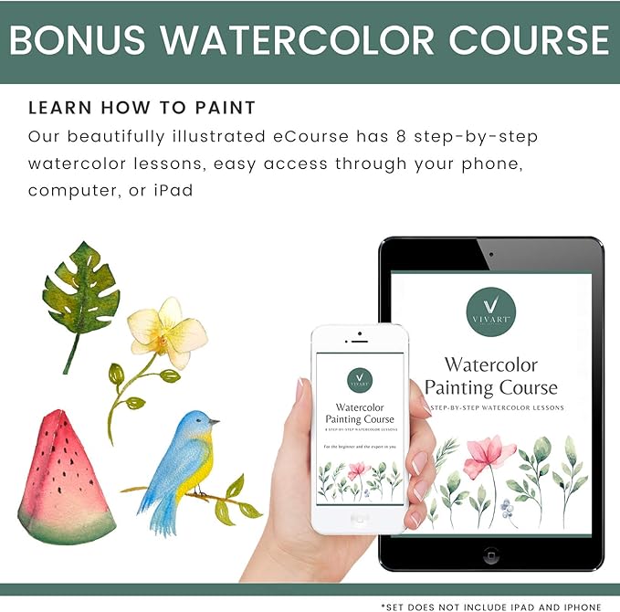 remium 48‑Color Watercolor Set for Adults & Beginners – 48 Vivid Half‑Pans, 2 Artist‑Grade Brushes (Sizes 8 & 12), 20‑Sheet 300 gsm Cold‑Press Paper Pad & Step‑by‑Step e‑Course