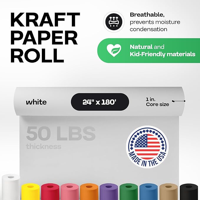 White Kraft Paper Roll 24" x 2160" (180 feet) - USA-Made Quality White Paper 50lb Thickness for Packing, Moving, Shipping & Crafts/Arts - 100% Recyclable Natural Wrap Material by IDL Packaging
