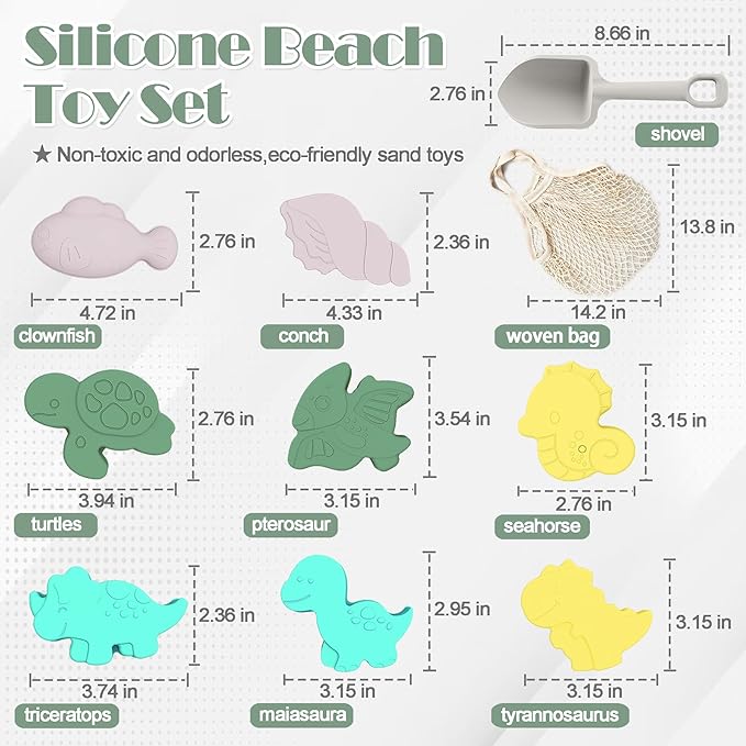 21Pcs Baby Beach Toys, Silicone Beach Toys, Baby Beach Essentials, Travel Friendly Beach Set, 2 Bucket, 2 Shovel, 16 Sand Molds, Beach Bag, Sand Toys for Toddlers 1-3