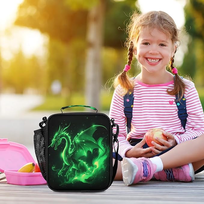 Green Dragon Lunchbox Boys Insulated Lunch Bag Reusable Portable Lunch box with Adjustable Shoulder Strap and Water Bottle Holder for Work School Travel