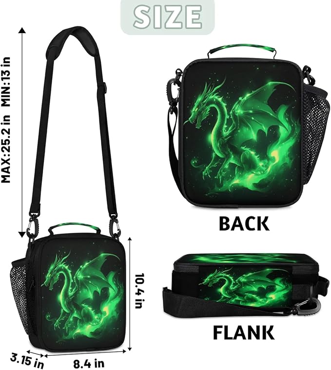 Green Dragon Lunchbox Boys Insulated Lunch Bag Reusable Portable Lunch box with Adjustable Shoulder Strap and Water Bottle Holder for Work School Travel