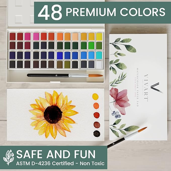 remium 48‑Color Watercolor Set for Adults & Beginners – 48 Vivid Half‑Pans, 2 Artist‑Grade Brushes (Sizes 8 & 12), 20‑Sheet 300 gsm Cold‑Press Paper Pad & Step‑by‑Step e‑Course