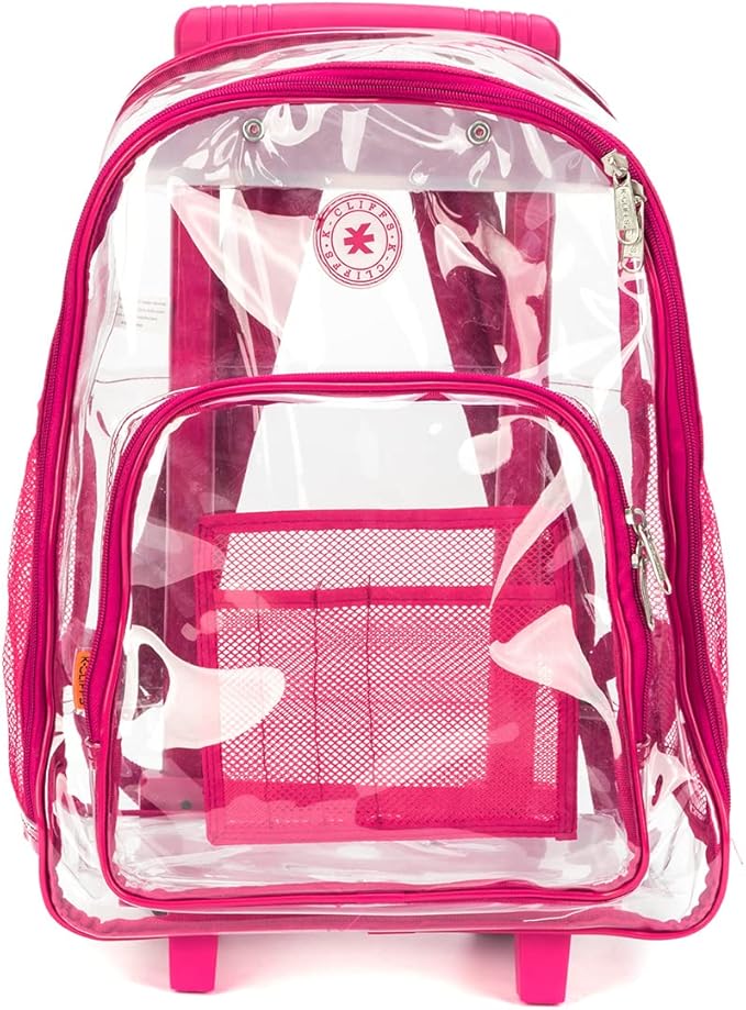 K-Cliffs Rolling Clear Backpack Heavy Duty Bookbag Quality See Through Workbag Travel Daypack Transparent School Book Bags w/Wheels Hot Pink
