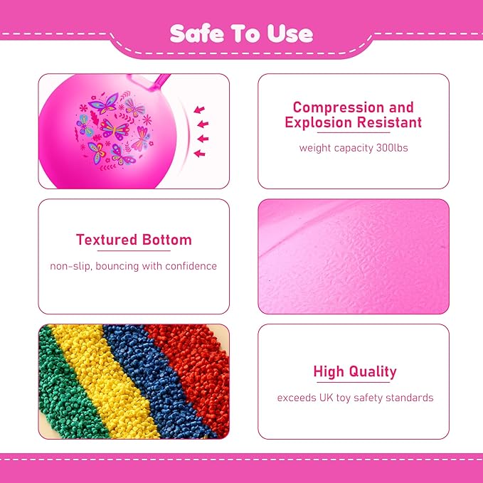 EVERICH TOY Hopper Ball, Pink Butterfly Hopping Toys for Kids, 20 Inch Bouncy Ball with Handle, Indoor Outdoor Inflatable Hoppity Hop Toy for Girls Boys Gift with Pump