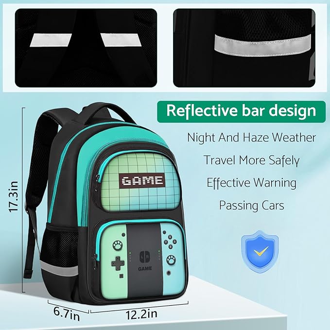 Kids Backpack For Boys,Gamer Boys Backpack For Children Teens Elementary Middle School, 17″ Students Bookbag