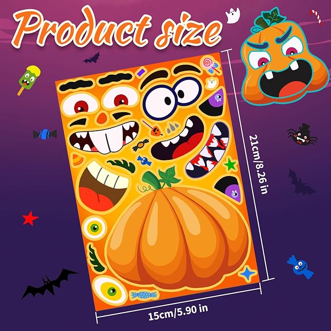 Natonhi 64 Sheets Halloween Crafts Pumpkin Make a Face Stickers for Friend, 16 Designs Halloween Party Favors Pumpkin Face Stickers Fall Games Activities Supplies