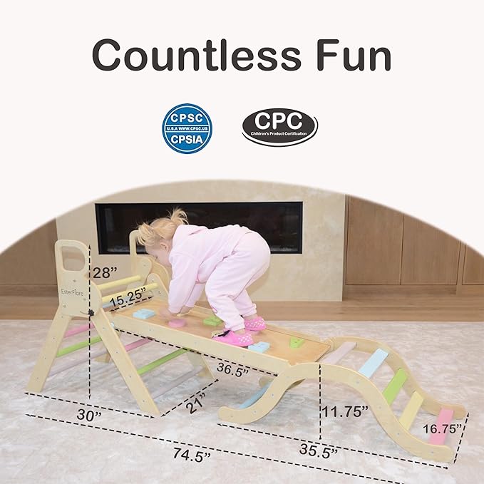 Pikler Triangle Set 7in1, Toddler Climbing Toys Indoor, Montessori Indoor Jungle Gym with Slide, Arch, Ramp and Ladder, Wooden Indoor Playground, Montessori Toys Toddlers, Baby, Kids