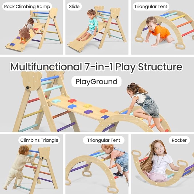 Large Pikler Triangle Set, 5 in 1 Foldable Baby Climbing Gym Indoor Montessori Climbing Set Wooden Toddler Climbing Toys with Arch, Ramp, Ladder, Rainbow