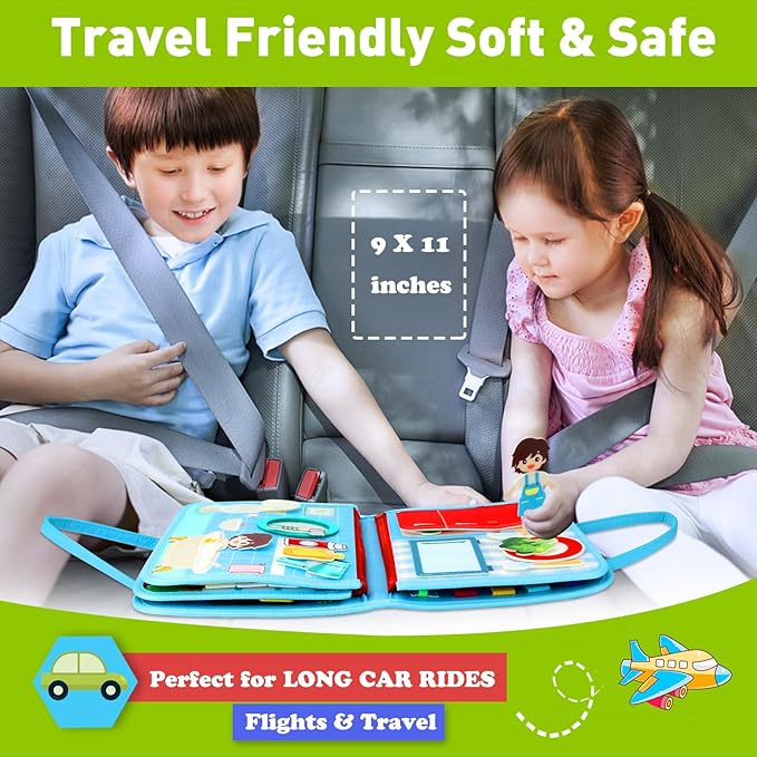 Guolely Busy Board Montessori Toys for 1-6 Years Old - Toddler Travel Toys, Educational Busy Book with 10 Pages Soft Daily Learning Activities - Sensory Toy Gift Ideal for Boys, Girls, Kids