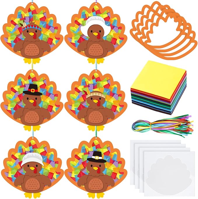 24 Sets Thanksgiving Turkey Crafts Kit DIY Tissue Paper Sign Crafts for Back to School Fall Harvest Thanksgiving Religious Christian Party Fun Home Actives