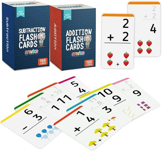 merka Math Flash Cards, 338 Flashcards in Total, Addition and Subtraction, Learning Mathematics, Create Game for Kids, Classroom and Homeschool Toys, 1st to 4th Graders, 2 Sets with 169 Pcs Each