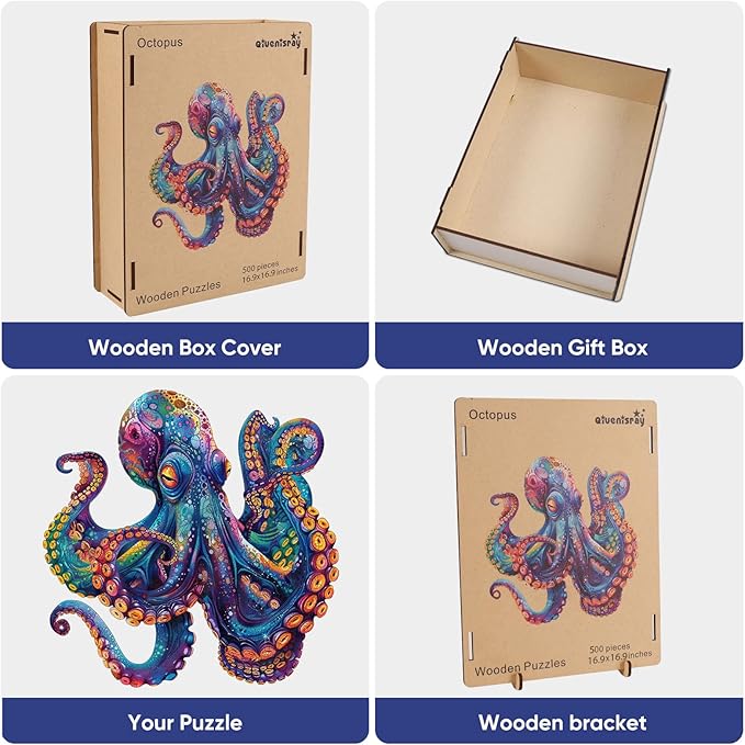 500 Piece Puzzles for Adults, Wooden Octopus Jigsaw Puzzles Royal Unique Shape Ocean Puzzle, Irregular Wood Puzzles Creative Gift for Adults and Kids Family Game (16.9x16.9 in)