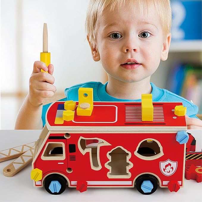 Wooden Fire Truck Toy – Take-Apart STEM Vehicle with Firefighter Tools & Shape Sorting, Montessori Educational Gift for Toddlers Boys Girls Ages 3+