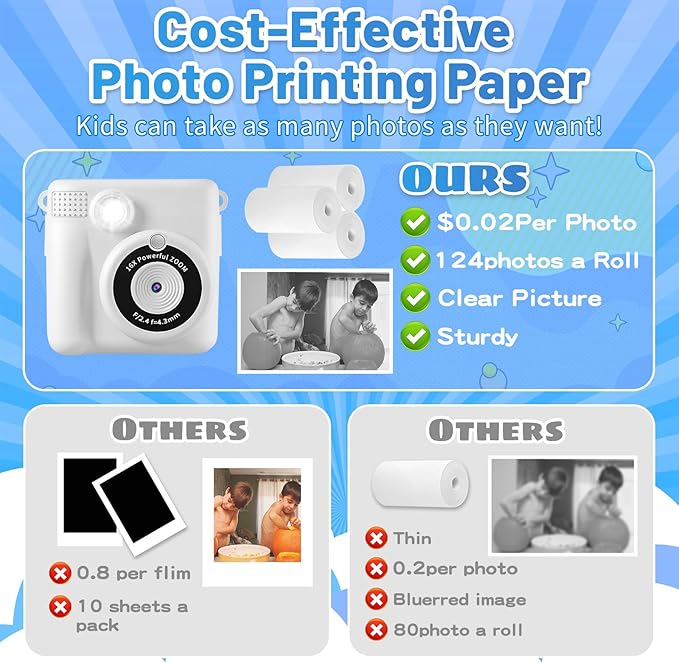 Instant Print Camera for Kids with 3 Rolls of Printer Paper, 1080P Toddler Digital Camera Toys for Age 3-12 with 32GB SD Card, Christmas & Birthday Gifts for 3 4 5 6 7 8 Year Old Girls & Boys (White)