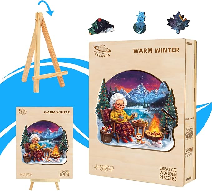 Wooden Puzzles for Adults, Warm Winter Wooden Jigsaw Puzzles for Grandma, Unique Shape Wood Puzzle Adult, Gifts for Granny, Wall Art Home Decor (L-13.3 * 12in -277 Pieces)