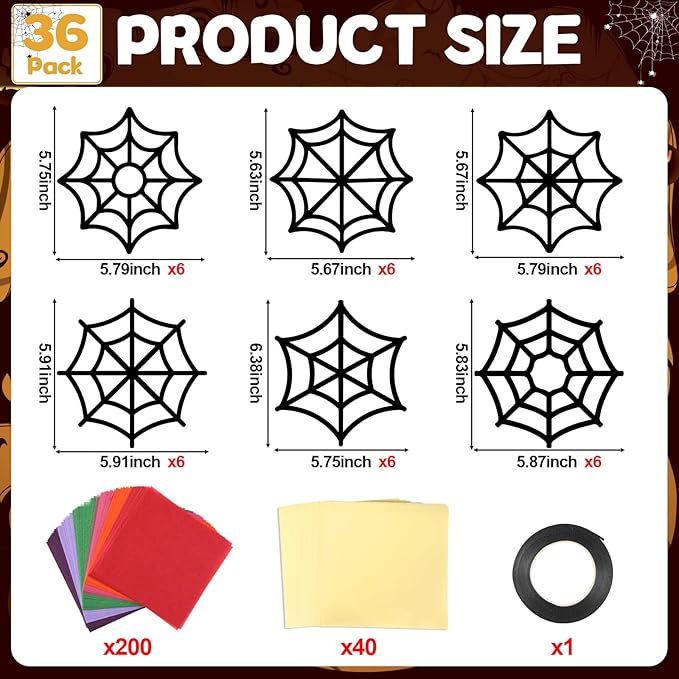 Qyeahkj 36 Set Halloween Spider Web Suncatchers Crafts Kids DIY Hanging Spider Web Tissue Paper Crafts Kit Window Art Ornaments Decor for Halloween School Home Activity Art Project Party Favor Gift