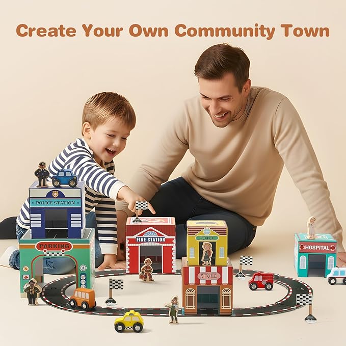 Youuys Sorting and Stacking Toys for Toddlers with Nesting Garages & Race Track & Wooden Cars & Community Helpers, Montessori Nesting Boxes for 1-3 Preschool Learning for 1 2 3 Boys Girls Gift