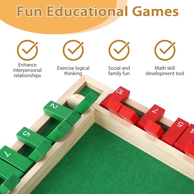 2 Pcs Shut The Box Game Wooden, Close Shut The Box Game for 2-4 Player Adults, Math Sequence Dice Plunder Board Games with 16 Dice, 4-Sided 10 Number Table Games for Family Classroom Home Party Pub