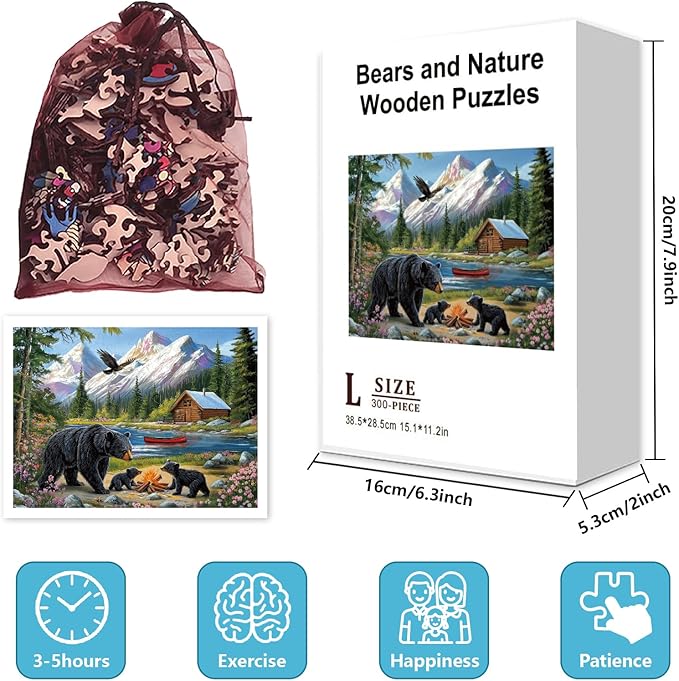 GLOBLELAND 300Pcs Bears and Nature Wooden Jigsaw Puzzles for Adults 11.22x15.16inch Colorful Landscape Wood Puzzles for Holiday Birthday Gifts