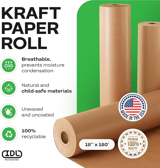 IDL Packaging 18" x 2160" (180 feet) Popular Pack Brown Kraft Paper Roll - USA-Made Perfect Craft Wrapping Paper for Packing, Moving, Shipping - 100% Recycled Natural Wrap Material