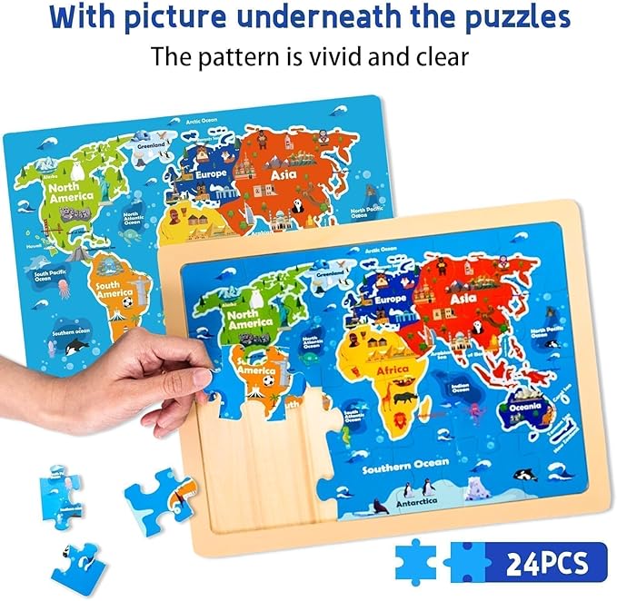 Wooden Puzzles for Toddlers 3 5, 6 Packs 24Pcs Solar System Wooden States World Map Kids Puzzles Ages 4 8, Preschool Educational Brain Toys Gifts for Boys and Girls 2 4 3 5 Year Old