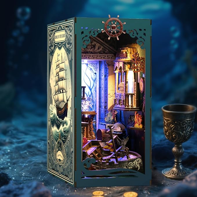Book Nook Kit - DIY Enchanted Cottage Miniature House for Adults & Teens, 3D Wooden Puzzle Booknook with LED Lights, Bookshelf Insert Decor & Creative Model Building(Riddle On The Sea Floor)