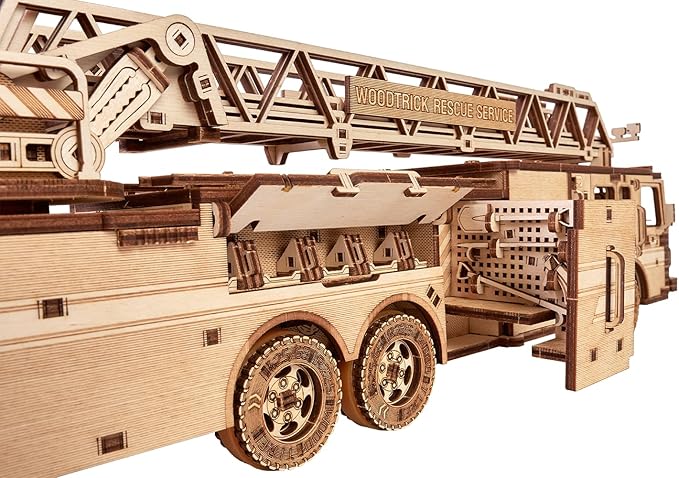 Wood Trick Rescue Firetruck Movable - Rotating Extendable Ladder - 3D Wooden Puzzles for Adults to Build - Rides up to 20 ft - Wooden Models Engineering DIY Project Mechanical Model Kit