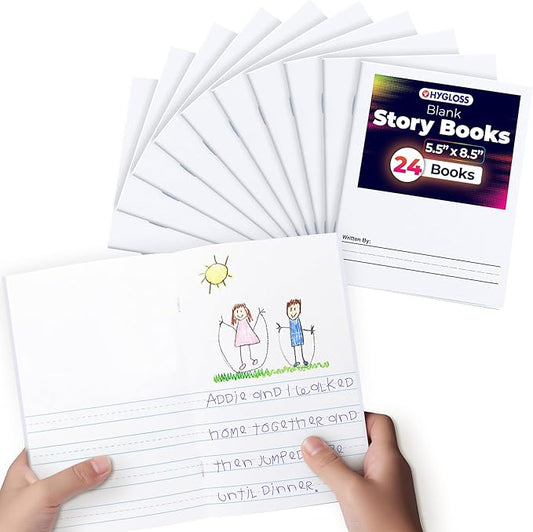 Hygloss 24 Pcs Blank Storybooks for Kids - Bulk Small Notebooks Journals White Soft Cover Notebooks - 5.5x8.5-24 Half-Lined Pages - Blank Books for Kids to Write Stories & Illustrate