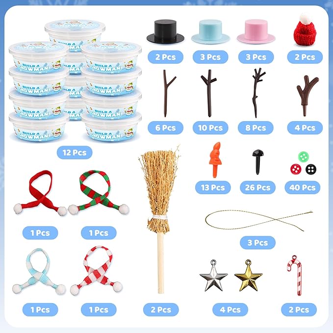 Shemira 12 Pack DIY Snowman Kit, Christmas Crafts for Kids, Modeling Air Dry Clay Craft Kits for Kids, DIY Christmas Ornaments Kits,Party Favors Stocking Stuffers