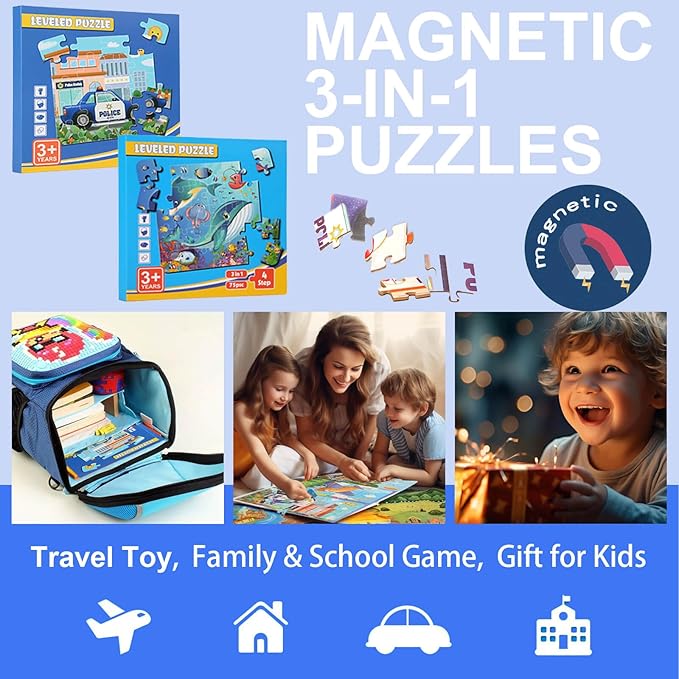 2 Pack Magnetic Puzzles Toys for Kids Age 3-5, Magnets Puzzle for Childrens, Ideal Gifts for Toddler, Educational Sensory Wooden Puzzles, Preschool Toys (2 Pack, Vehicles + Ocean)