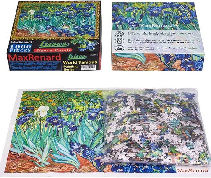 MaxRenard Game Jigsaw Puzzle 1000 Pieces for Adult Oil Painting Collection Irises by Vincent Willem Van Gogh Famous Artwork Pieces Fit Together Perfectly