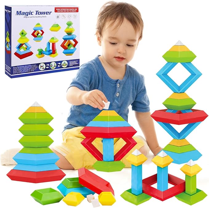 Tsomtto Montessori Toys for 3 4 5 6 Year Old Boys Girls Toddlers Preschool Learning Activities 30 Pcs Stacking Building Blocks STEM Stackable Educational Sensory Gifts for Kids Age 3-4