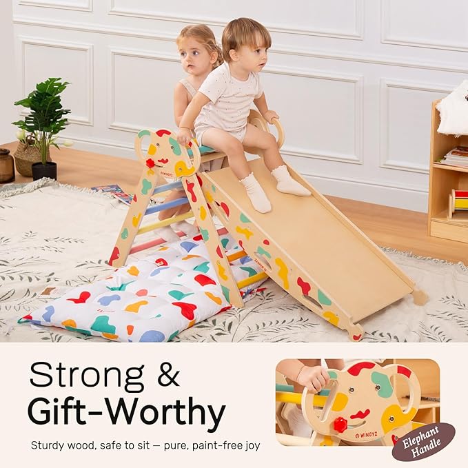 wingyz Pikler Triangle Climbing Set with Cushion,Wooden 8 in 1 Jungle Gyms for Toddlers 1-3, Indoor Playground for Kids,Baby Montessori Climber Gift(Rainbow)