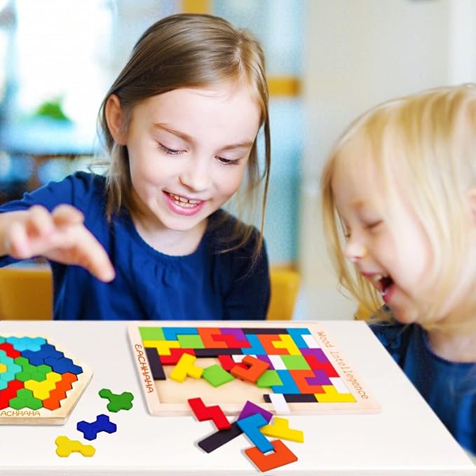 3-in-1 Wooden Blocks Puzzle Set,Hexagon Wooden Puzzle + Wood Russian Blocks + Tangram Puzzle for Kids,Intelligence Brain Teasers Toy STEM Educational Gift for Children(with Storage Bag)