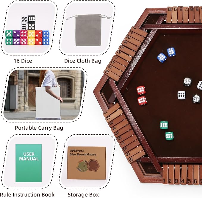 Shut The Box Game Wooden Board 6-Way with Carry Bags and 16 Dice, Portable Close The Box Game for 1-6 Players, Math Educational for Kids, Adults (Instruction Included)