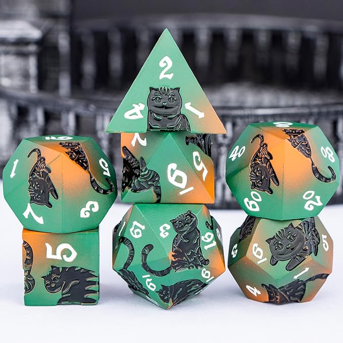 Metal DND Cat Dice 7PCS Polyhedral RPG Dice Set with Gift Case for Dungeons Dragons Role Playing Game, D and D Dice D6 D8 D10 D12 D20 D% (Orange Green)