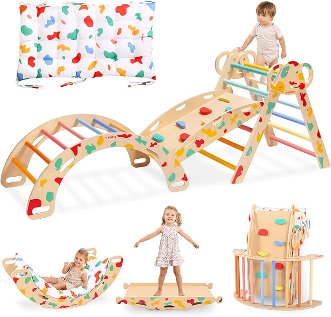 wingyz Pikler Triangle Climbing Set with Cushion,Wooden 8 in 1 Jungle Gyms for Toddlers 1-3, Indoor Playground for Kids,Baby Montessori Climber Gift(Rainbow)