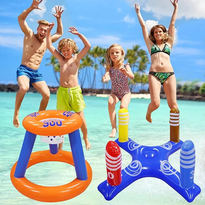 Pool Toys Games Set,Pool Basketball Hoop Inflatable Cross Ring Toss Game and Inflatable Cactus Kids for Teens Adults and Family (3 Set Water Toys)