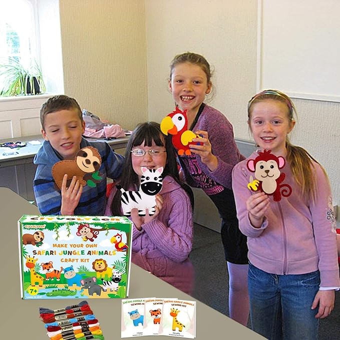 Safari Jungle Animals Sewing Kit Zoo Felt Animal DIY Crafts for Girls and Boys Educational Nursery Sewing for Kids Art Craft Kits for Beginners Set of 10